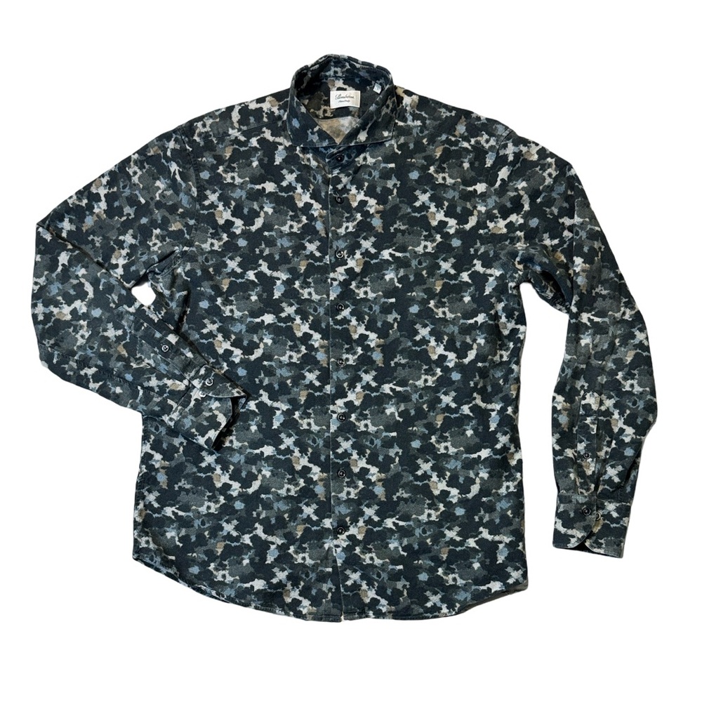 Stenströms mens L Large fitted multi color camo pattern button up shirt EUC